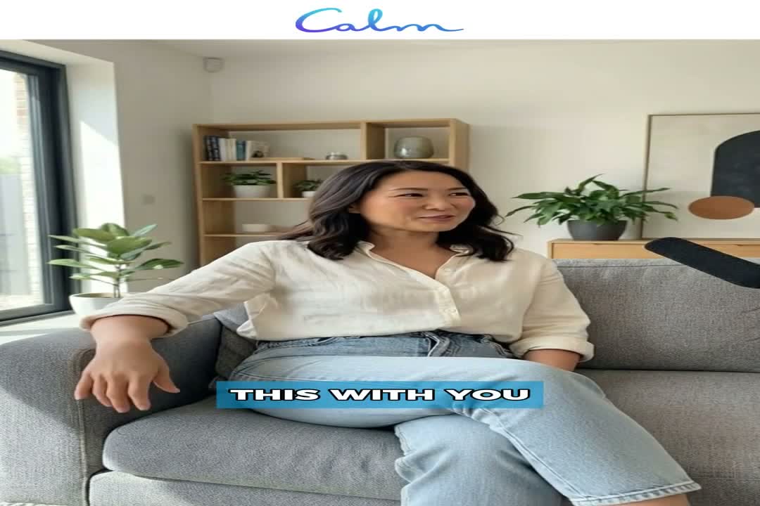 A frame from a Creatify example ad for the Calm app: a woman on a sofa talking, with a caption reading this with you