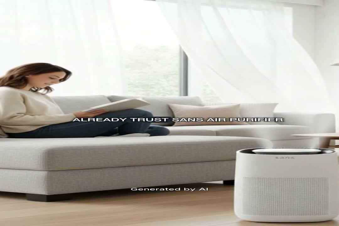 A frame of an AI UGC ad for a Sans air purifier from Creatify's examples, with Generated by AI at the bottom