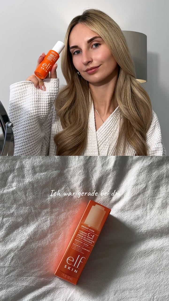 An e.l.f. Cosmetics static ad on Meta: a creator selfie holding an orange e.l.f. serum above a phone photo of the bottle on a bed