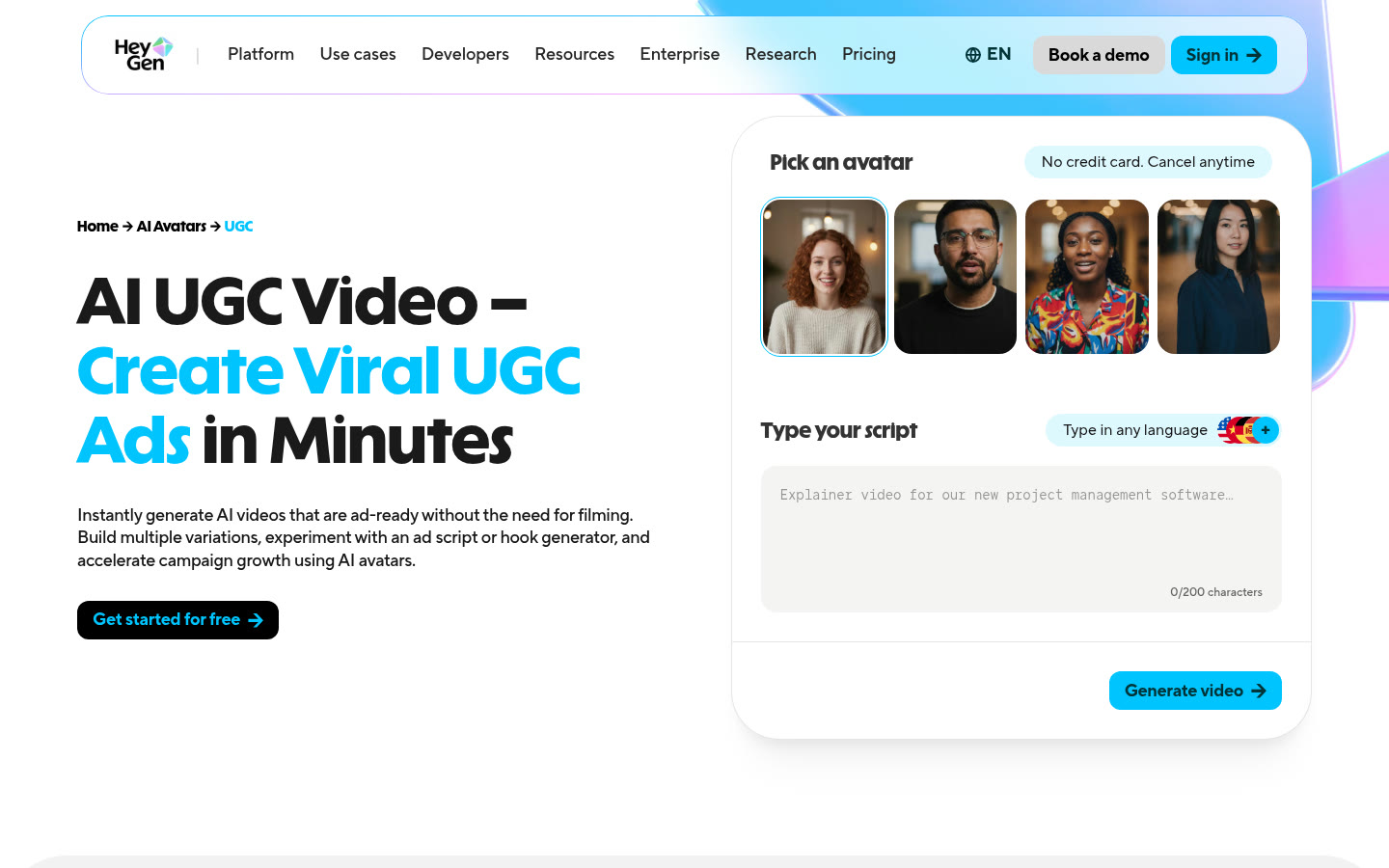 HeyGen AI UGC video page: create UGC ads in minutes
