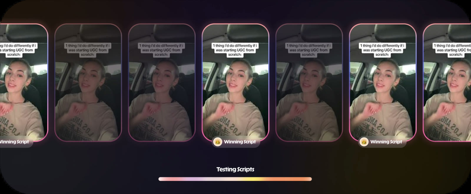 HeyGen's example of testing scripts: seven versions of one AI avatar filmed in a car, two marked Winning Script