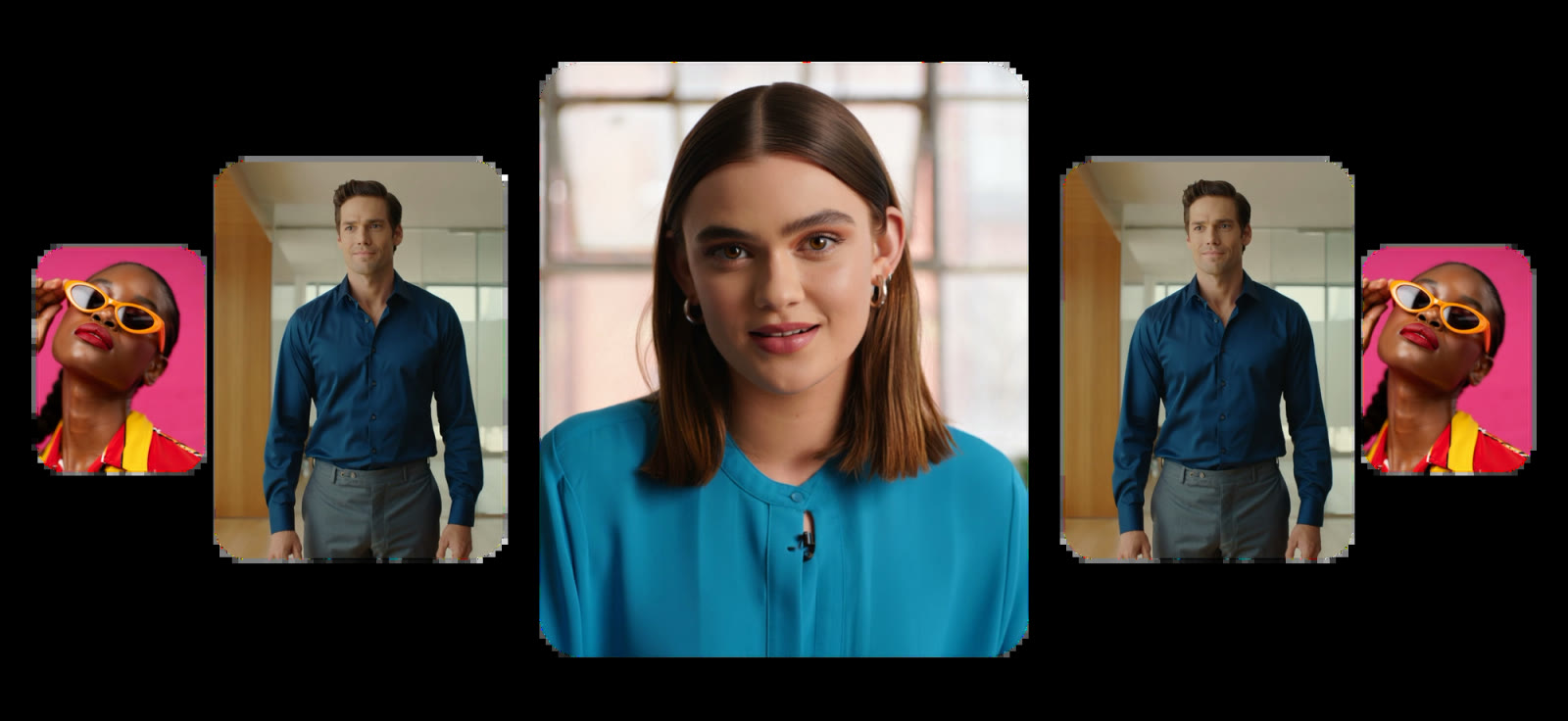 HeyGen UGC avatars: a woman in a blue top in the centre, flanked by other AI avatars
