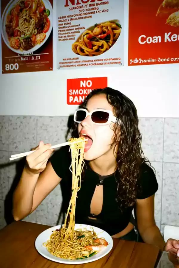 A Higgsfield UGC template: a woman in white sunglasses eating noodles in a restaurant