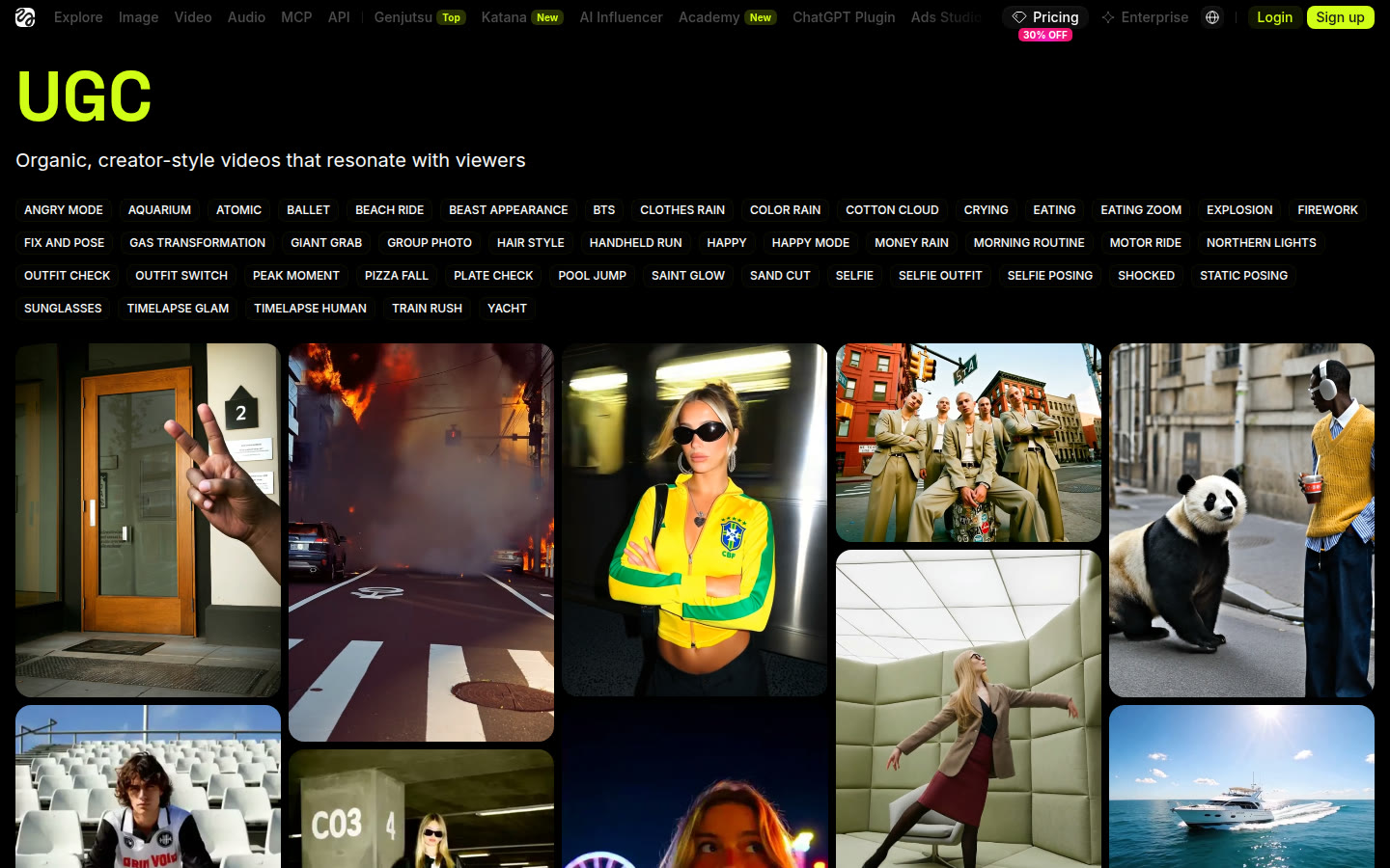 Higgsfield UGC page with creator-style video templates such as selfie and outfit check