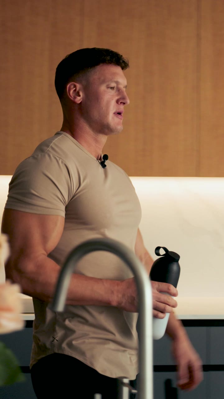 A Huel creator ad on Meta: a man in a T-shirt talking to camera in a kitchen, holding a shaker