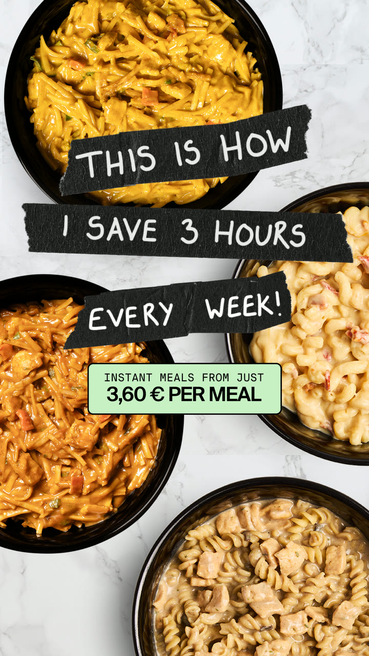 A Huel static ad: bowls of instant meals with handwritten-style captions reading this is how I save 3 hours every week