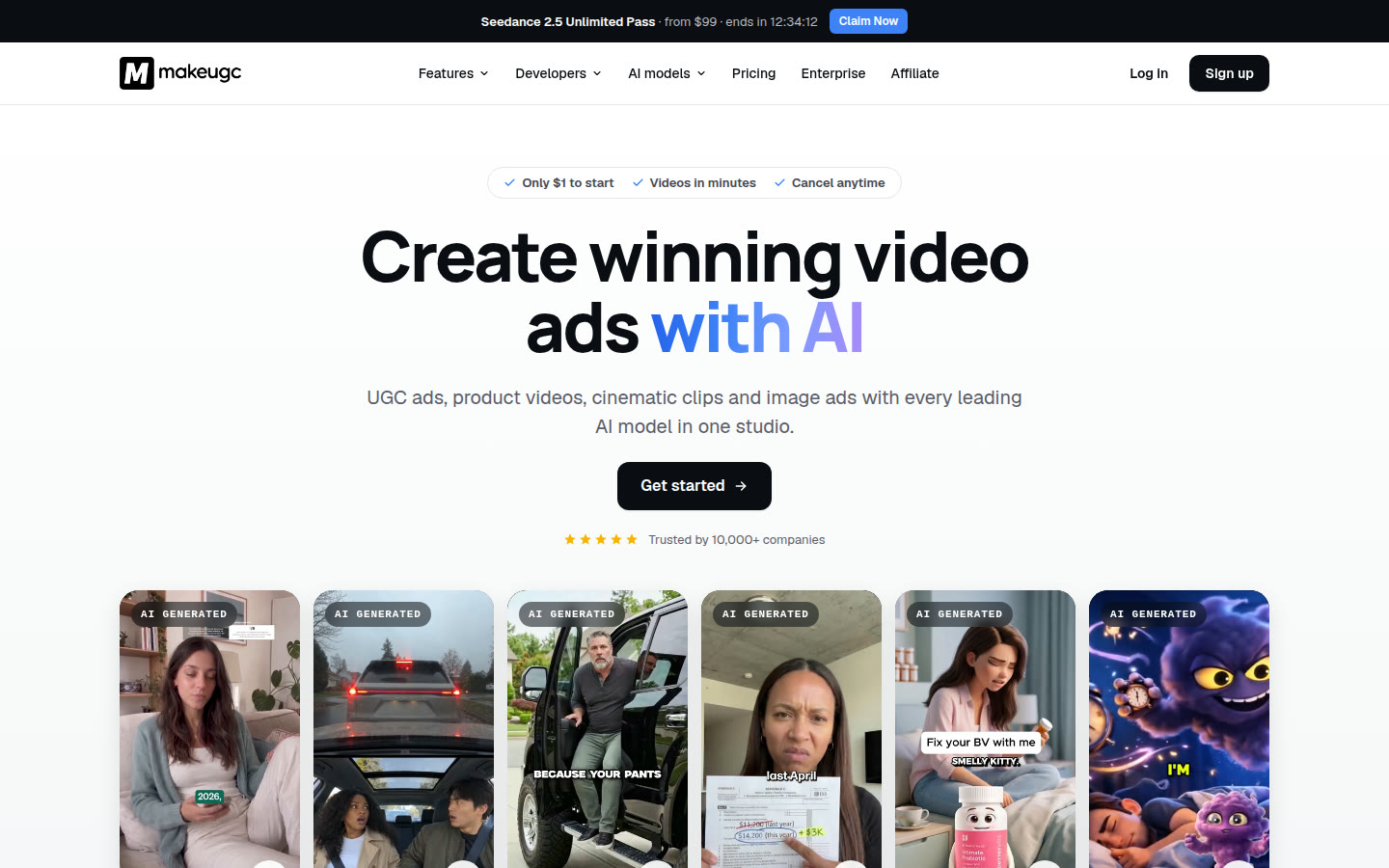 MakeUGC homepage: AI video ad generator for UGC ads and product videos