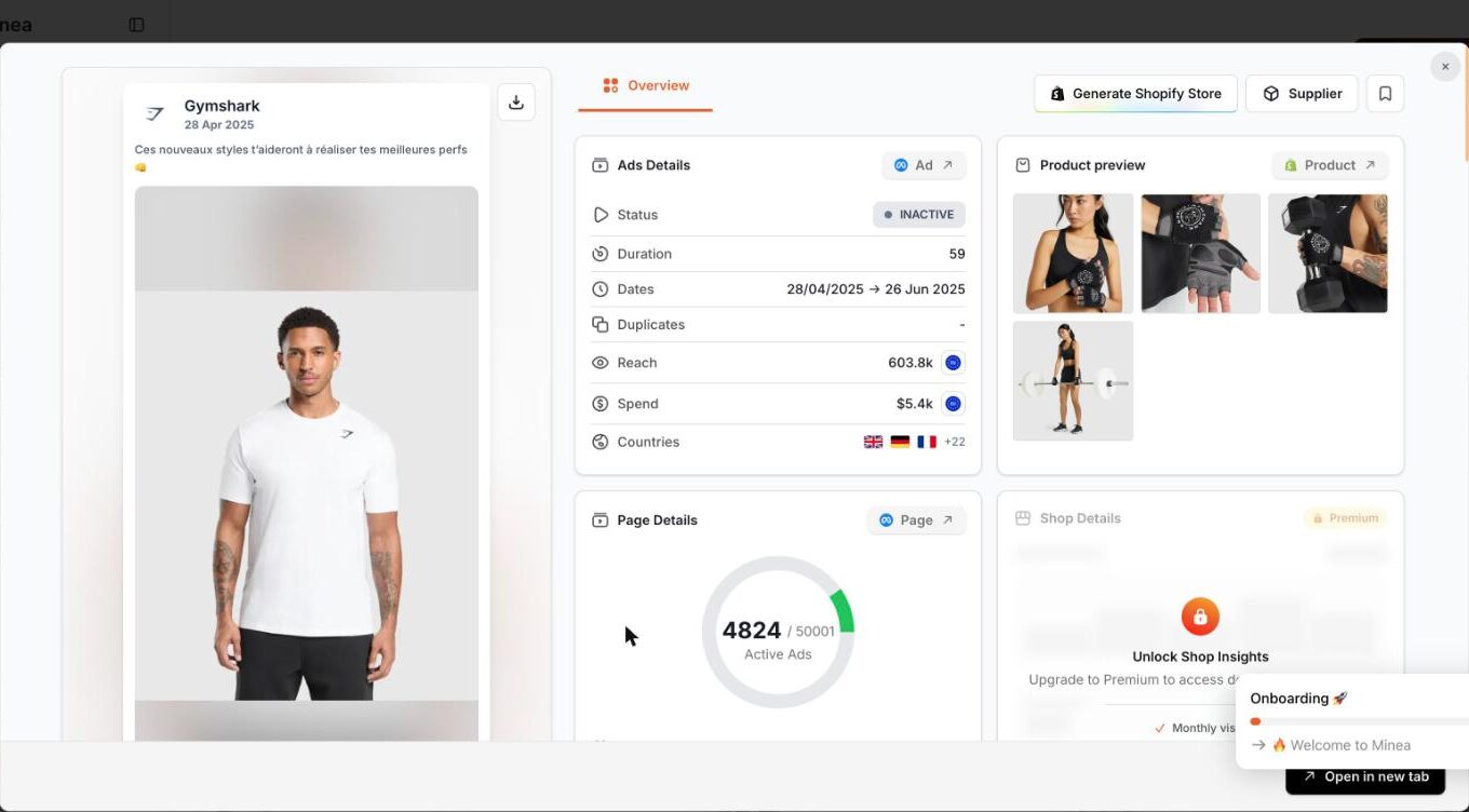 Minea ad detail for a Gymshark ad with dates, reach and spend, and a locked premium panel