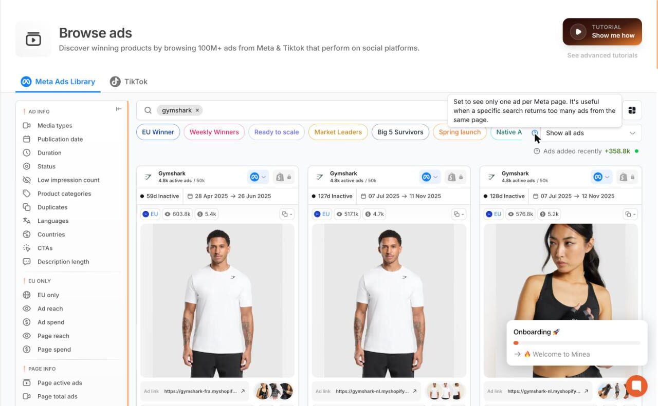 Minea Browse ads page with Gymshark ad cards, status, reach and spend per ad