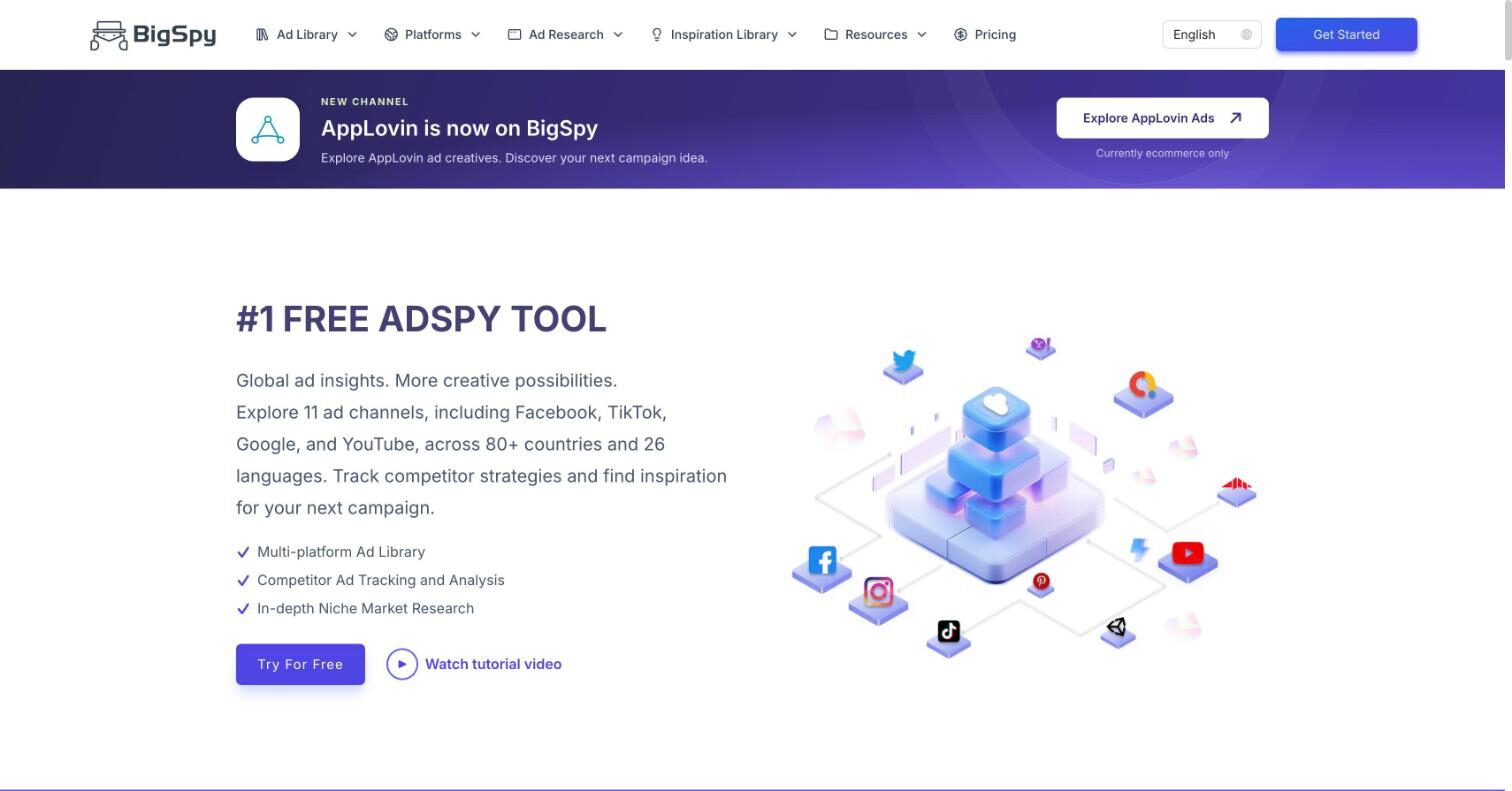 BigSpy homepage with the free adspy tool headline and the Try For Free button