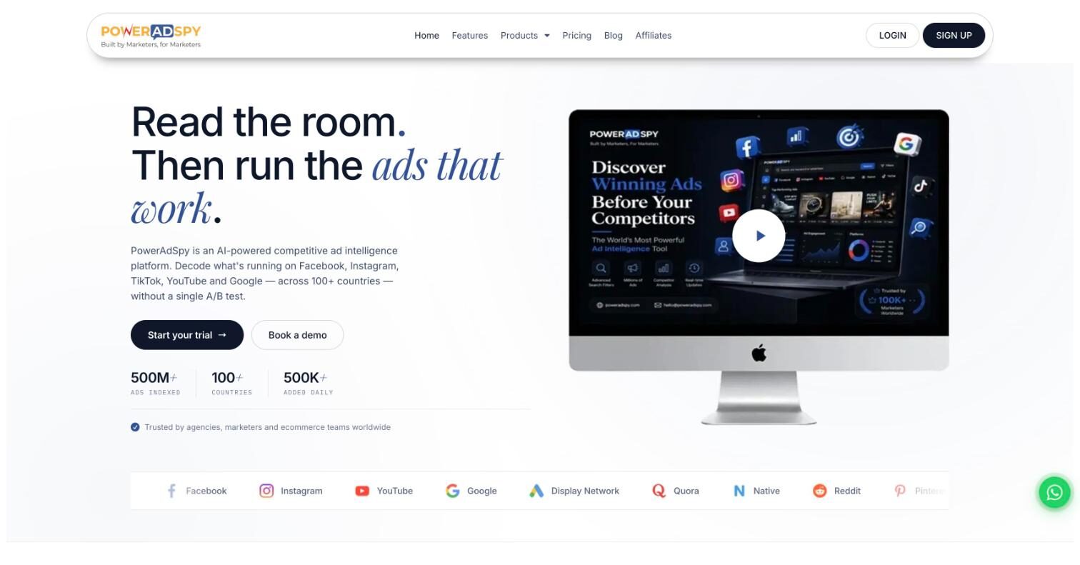 PowerAdSpy homepage with the headline, trial button and platform list