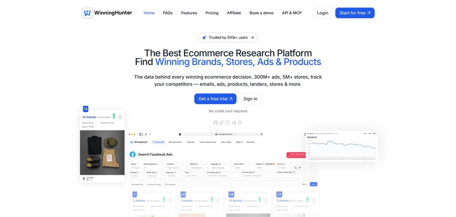 Winning Hunter homepage with the ecommerce research headline and product screenshot
