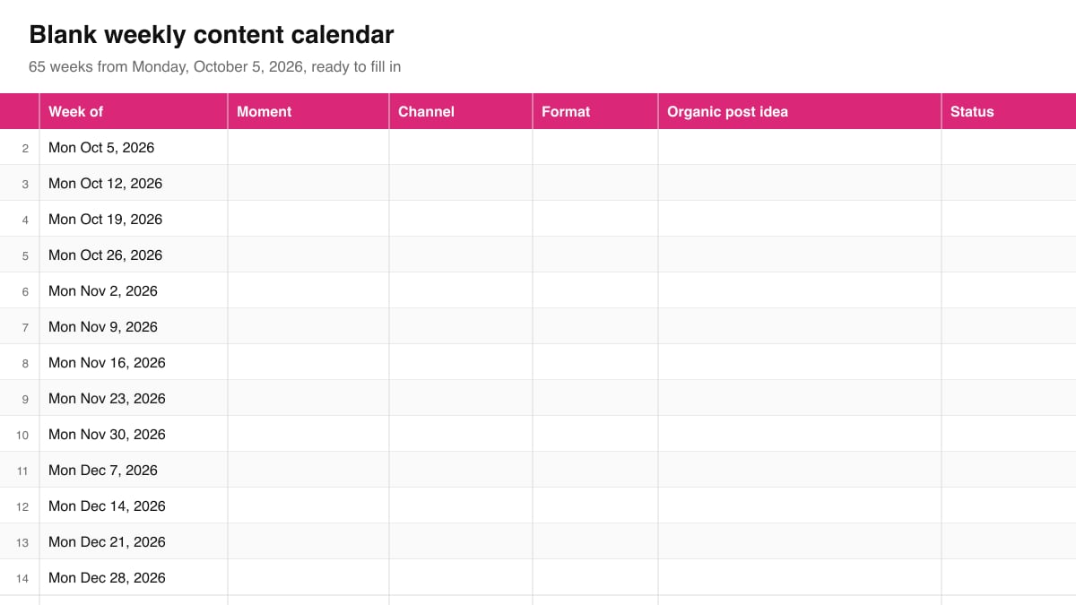 The blank weekly content calendar: one row per week from Monday, October 5, 2026, with empty moment, channel, format, post idea and status columns