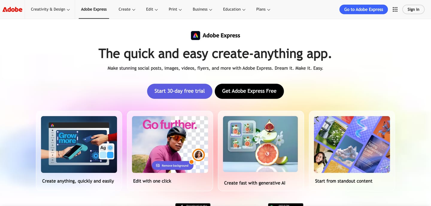 Screenshot of the Adobe Express homepage with the headline "The quick and easy create-anything app." and a 30-day free trial button