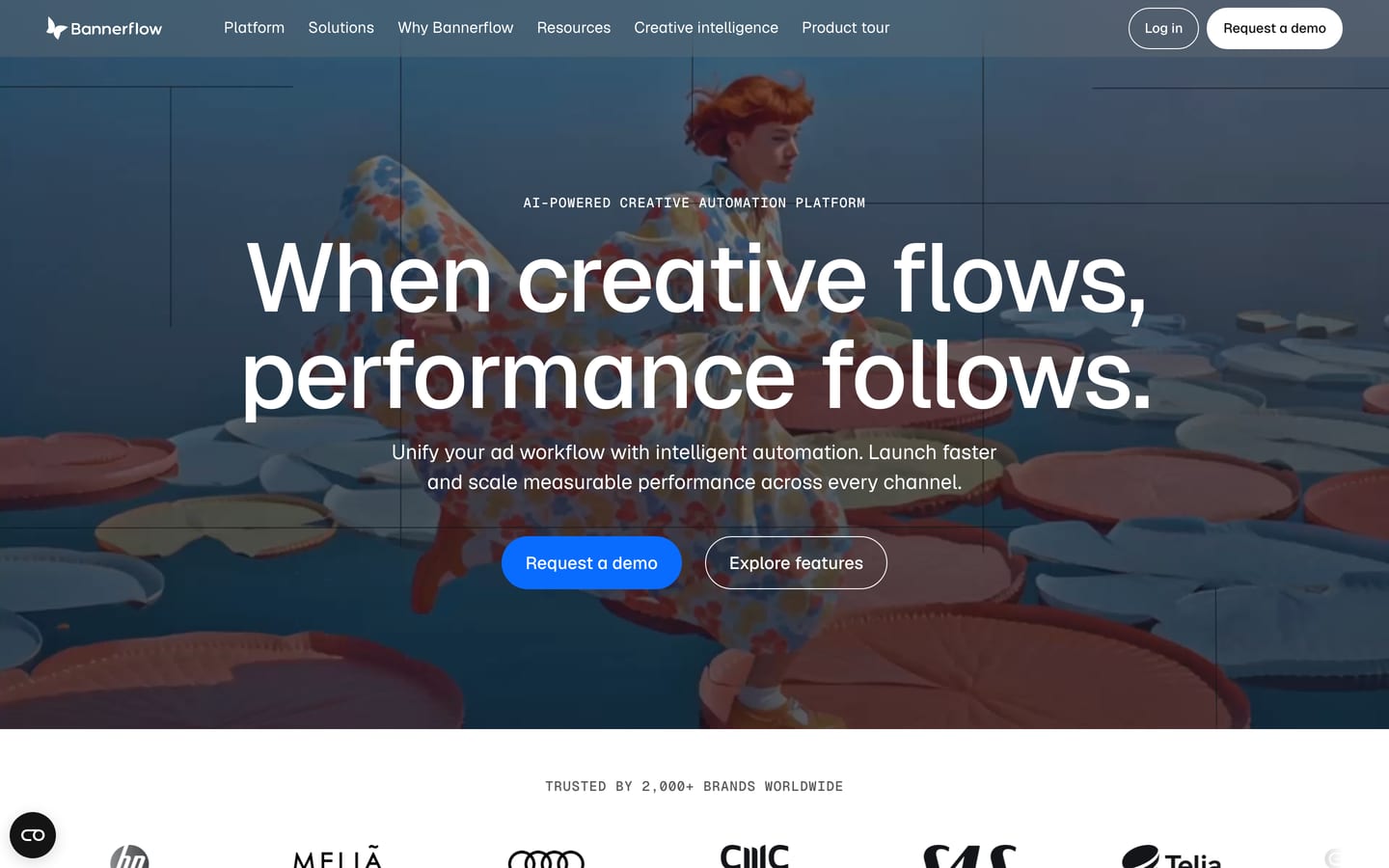 Screenshot of the Bannerflow homepage with the headline "When creative flows, performance follows." and a Request a demo button