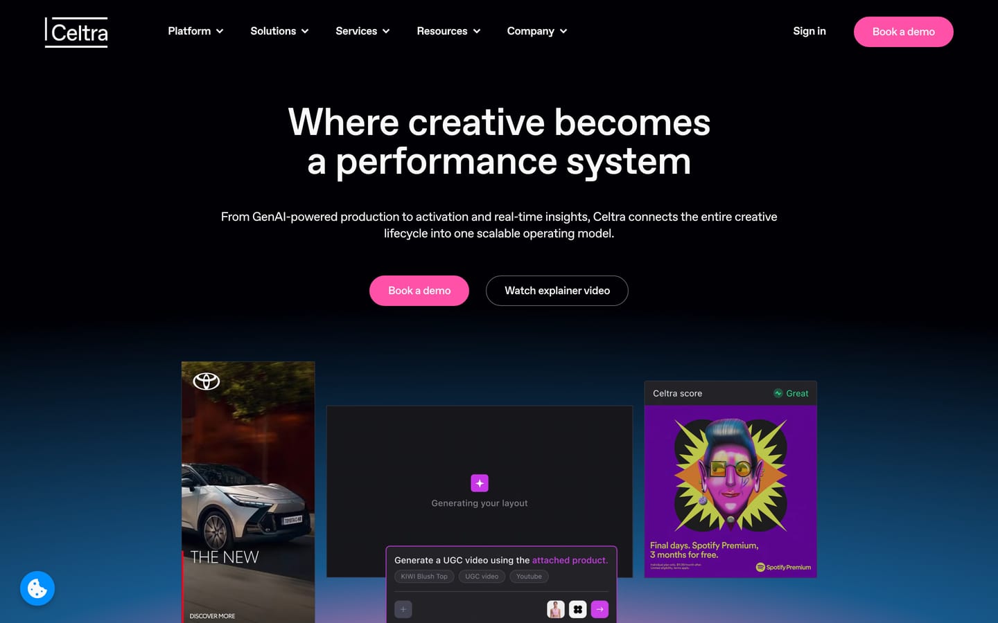 Screenshot of the Celtra homepage with the headline "Where creative becomes a performance system" and a Book a demo button