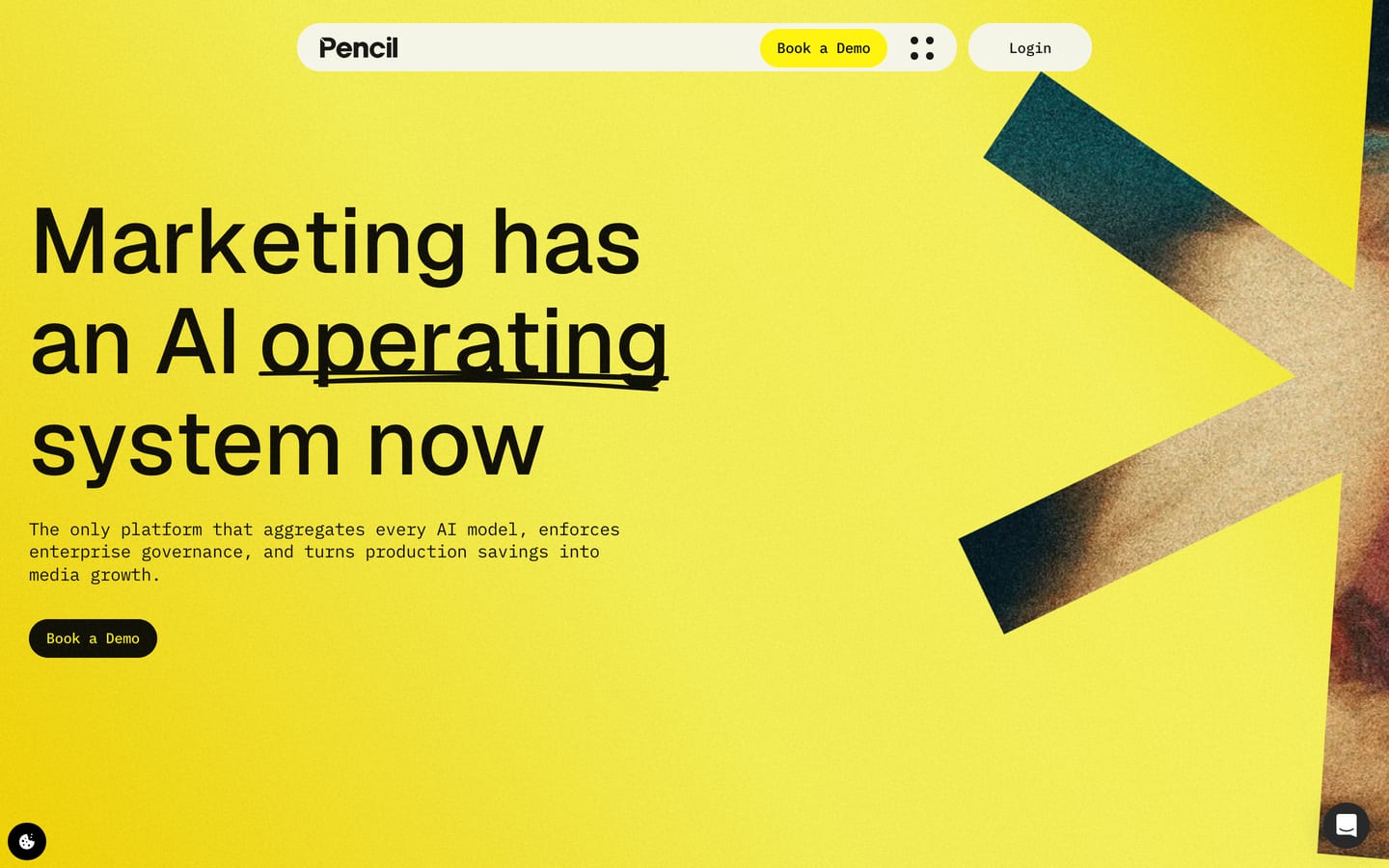 Screenshot of the Pencil homepage with the headline "Marketing has an AI operating system now" on a yellow background