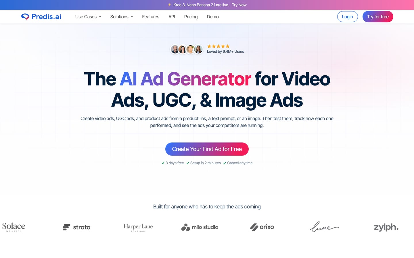 Screenshot of the Predis.ai homepage with the headline "The AI Ad Generator for Video Ads, UGC, & Image Ads"