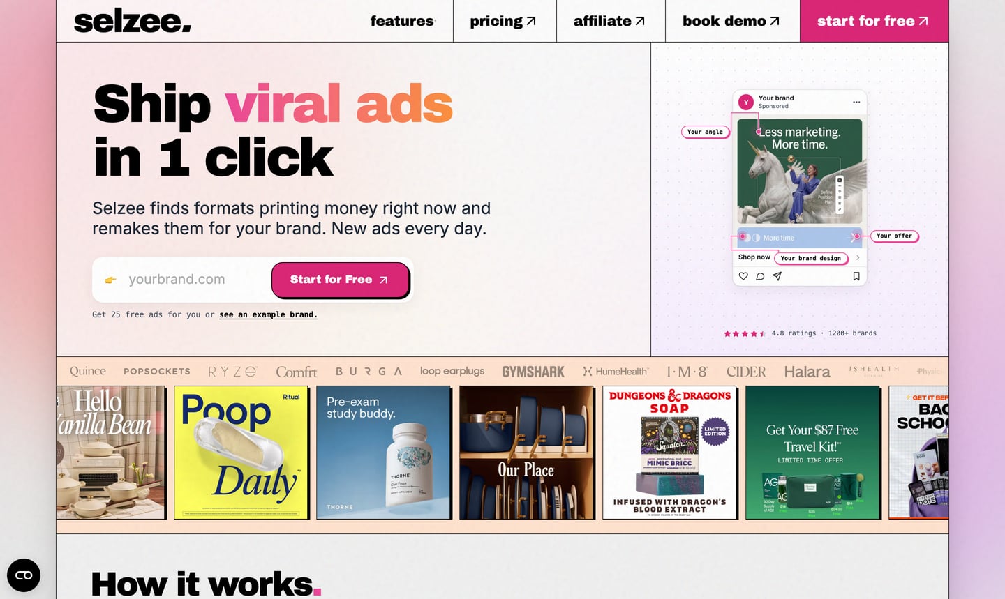 Screenshot of the selzee.com homepage with the headline "Ship viral ads in 1 click", a store URL field and a Start for Free button