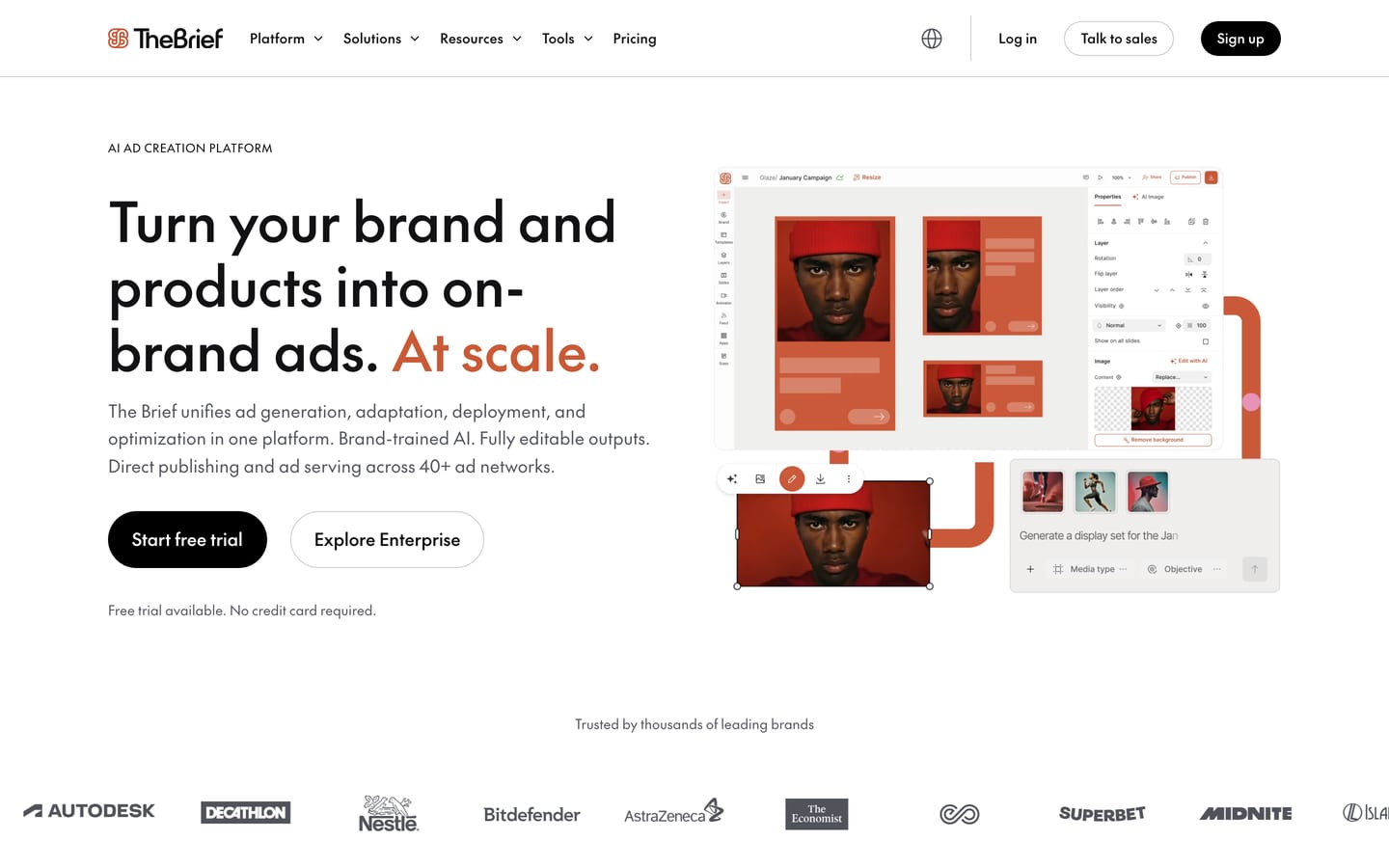 Screenshot of the thebrief.ai homepage, formerly Creatopy, with the headline "Turn your brand and products into on-brand ads. At scale." and a Start free trial button