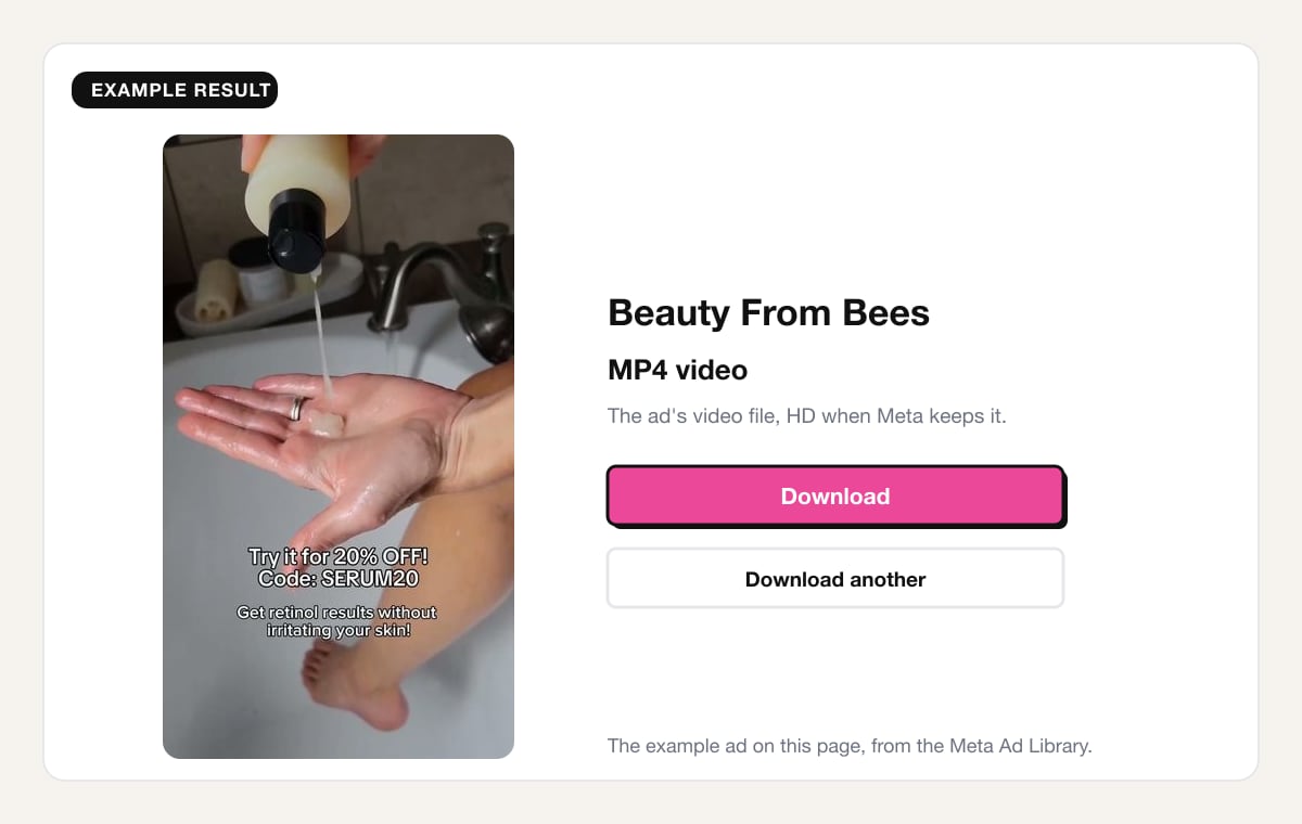 An example result of the Facebook ad downloader: a still of a Beauty From Bees video ad from the Meta Ad Library, the page name, MP4 video, and the Download and Download another buttons
