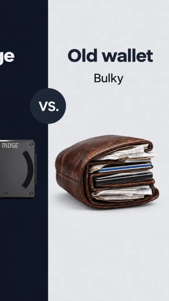 A Selzee ad comparing the Ridge wallet with an old wallet, cropped to 9:16