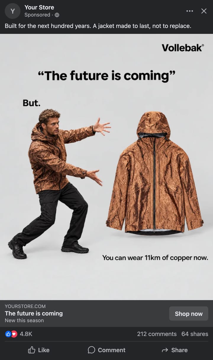 A Facebook ad mockup in dark mode, 4:5, with a Selzee ad for a Vollebak jacket under the line The future is coming