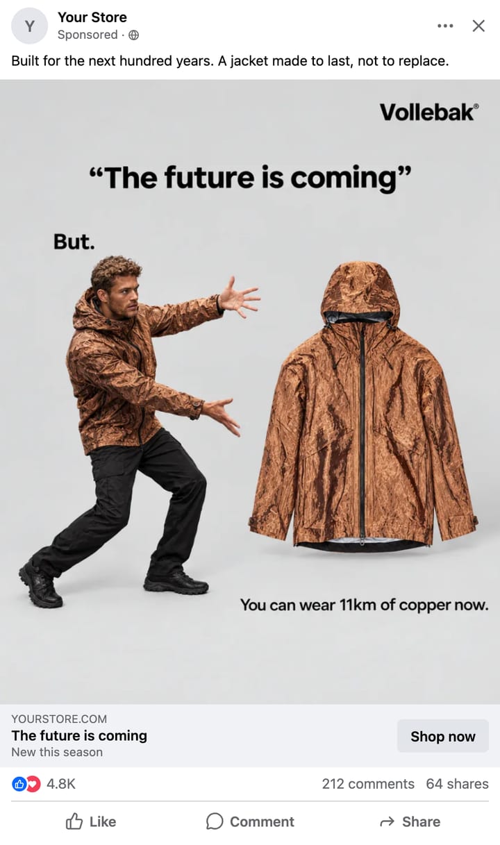The same Vollebak jacket ad as a Facebook ad mockup in light mode