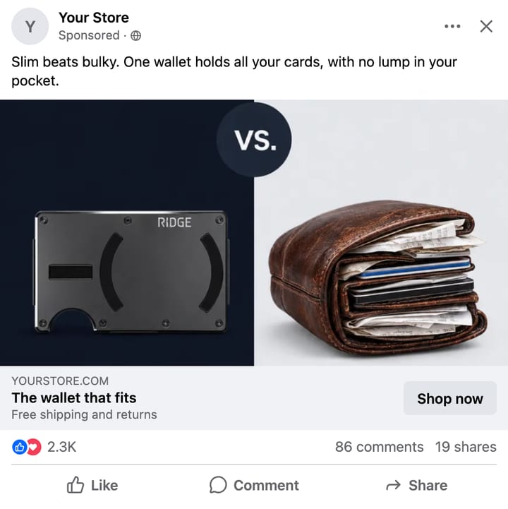 The same Ridge wallet ad as a 1.91:1 Facebook ad mockup: only the middle band of the picture is left