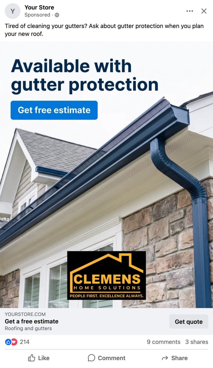 A Facebook ad mockup in light mode, 4:5, with a Get quote button, showing a Selzee ad for Clemens gutter protection
