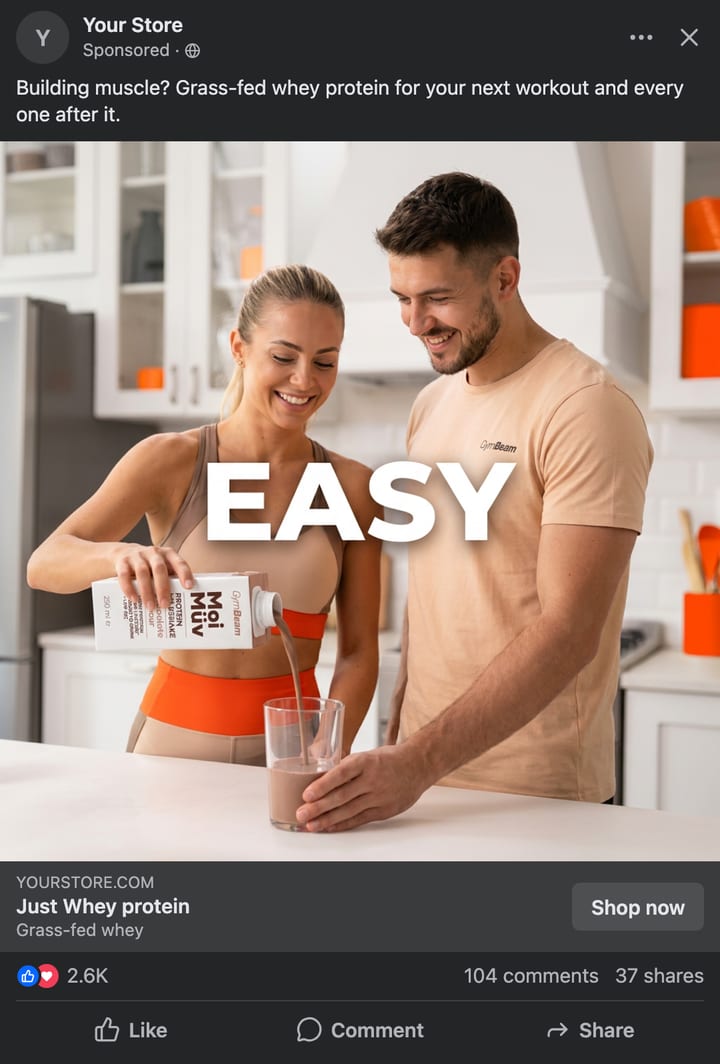 A square Facebook ad mockup in dark mode with a Selzee ad for GymBeam Just Whey protein