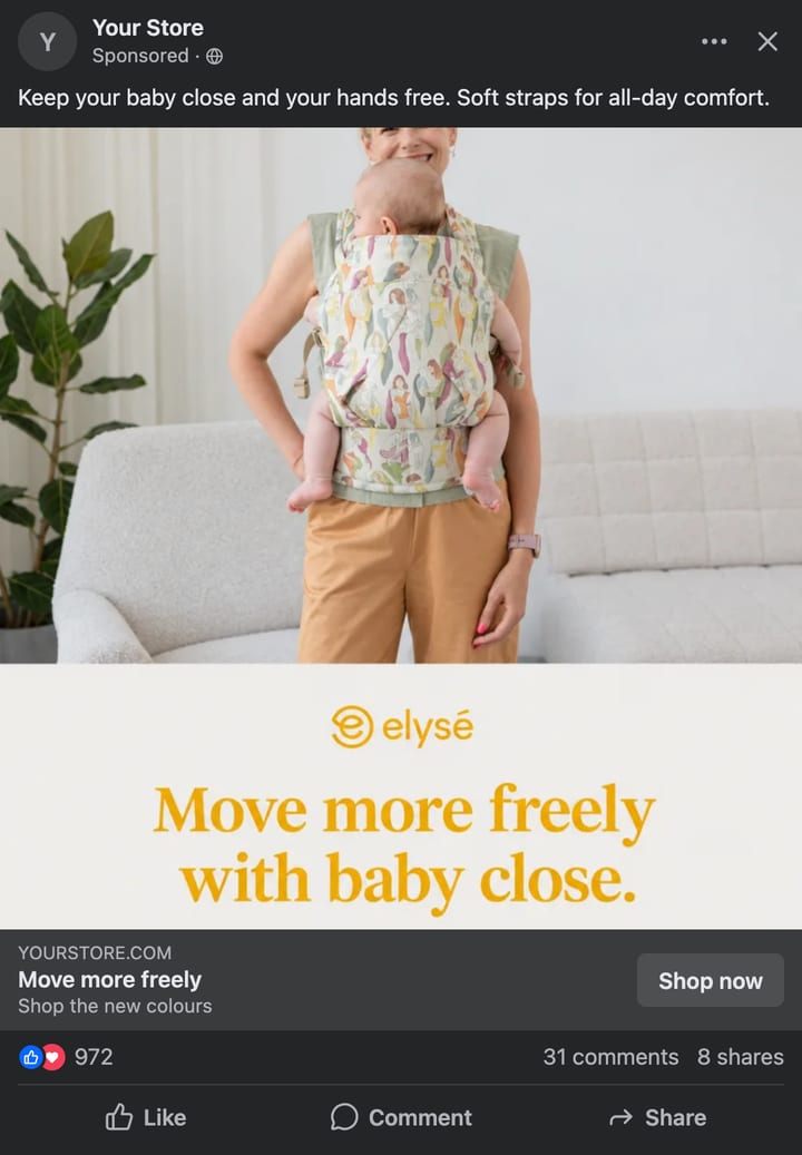 A square Facebook ad mockup in dark mode with a Selzee ad for an Elyse baby carrier: move more freely with baby close