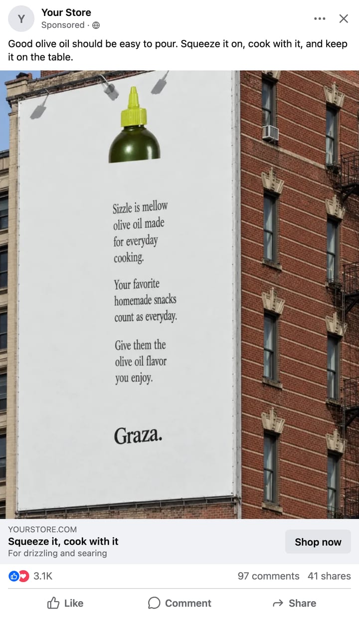A Facebook ad mockup in light mode, 4:5, with a Selzee ad for Graza olive oil painted on a city wall