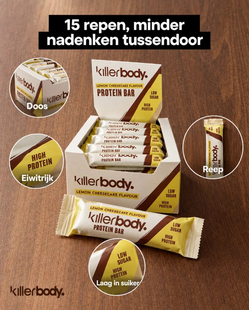 A 4:5 static ad Selzee made for Killerbody: a box of lemon cheesecake protein bars with four labelled close ups