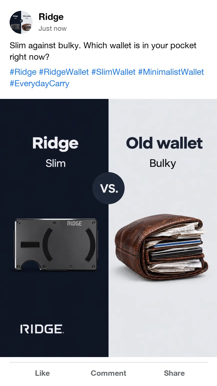 The Ridge slim wallet against an old bulky wallet ad as a Facebook post, with hashtags for the slim wallet and everyday carry