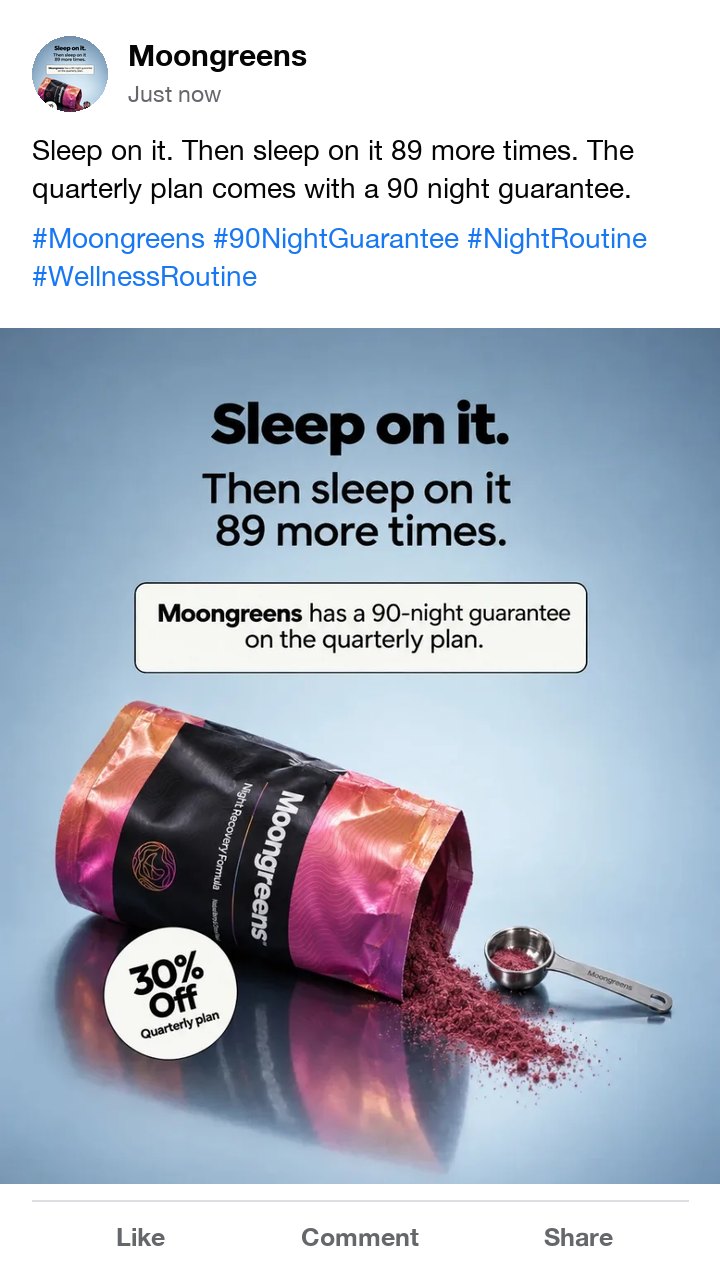 The Moongreens 90 night guarantee ad as a Facebook post, with four hashtags from the brand to the night routine