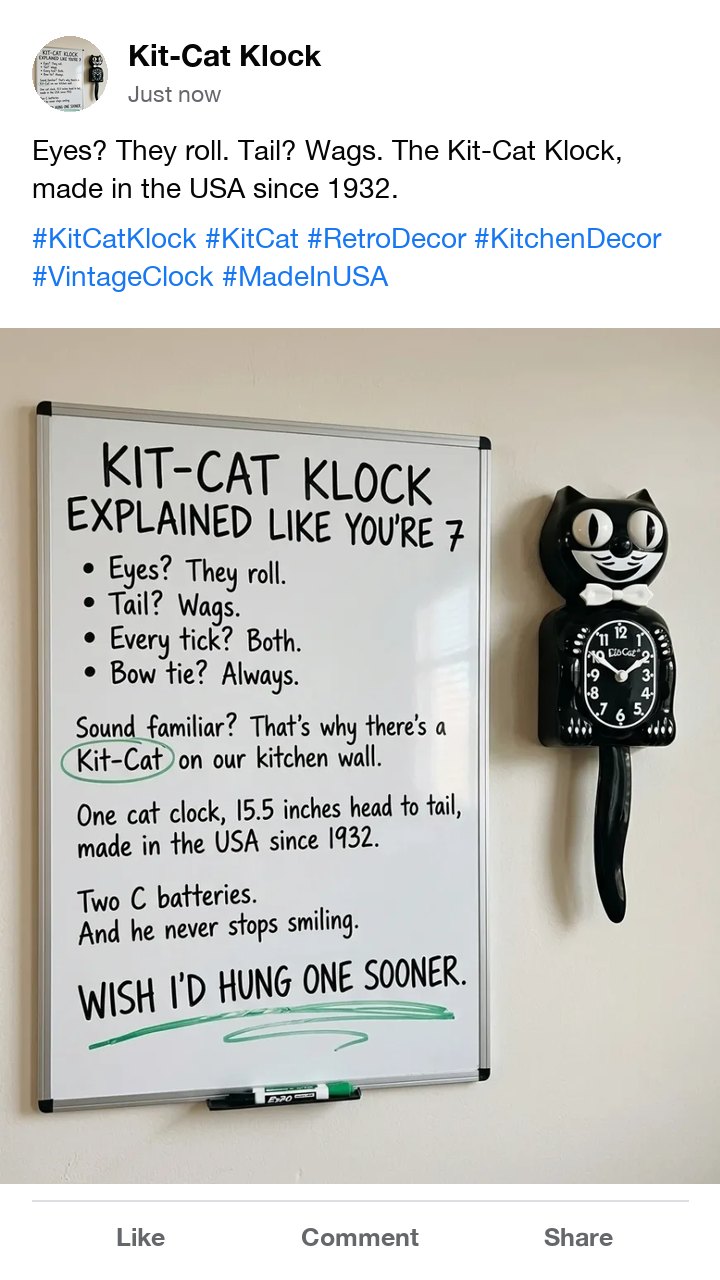 The Kit-Cat Klock whiteboard ad as a Facebook post, with hashtags for retro and kitchen decor