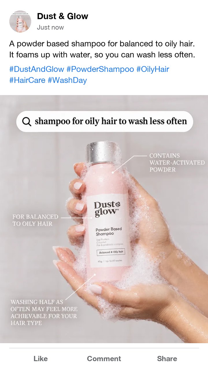 The Dust and Glow powder shampoo ad as a Facebook post, with hashtags for oily hair and hair care
