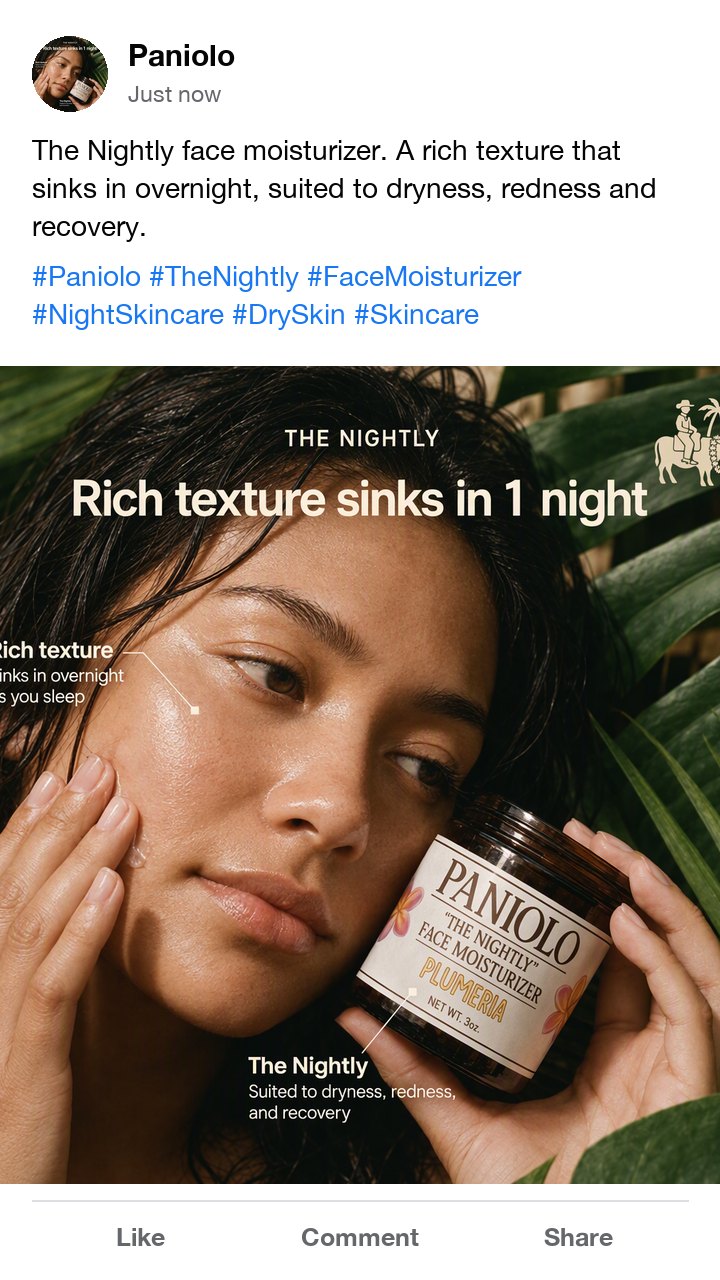 The Paniolo Nightly moisturizer ad as a Facebook post, with hashtags for the product name and for dry skin