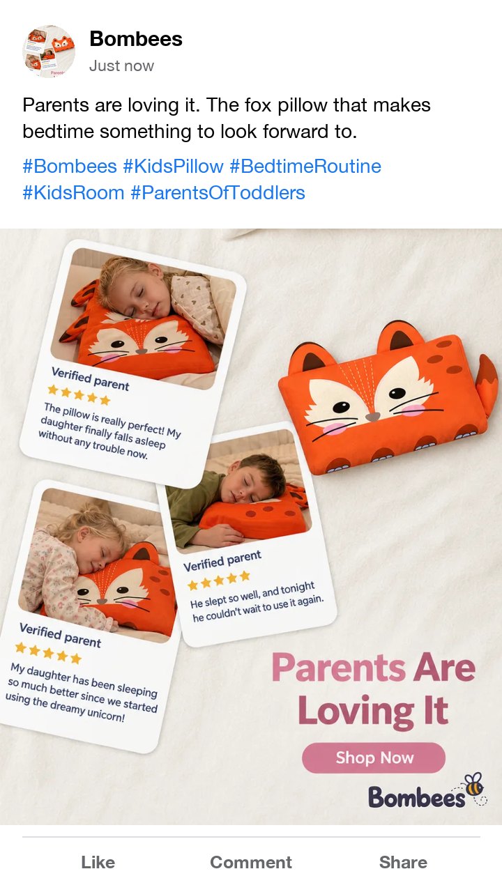 The Bombees fox pillow ad as a Facebook post, with hashtags for the pillow, bedtime and parents