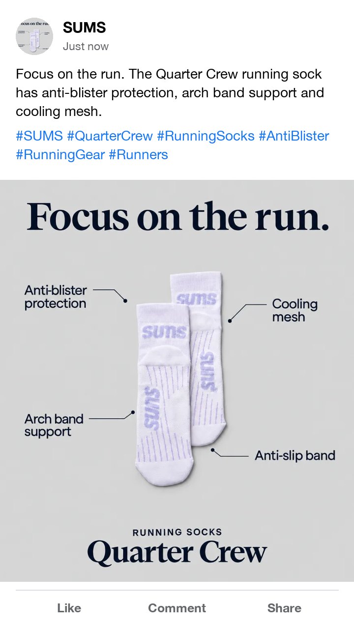 The SUMS Quarter Crew running sock ad as a Facebook post, with six hashtags from the brand down to runners