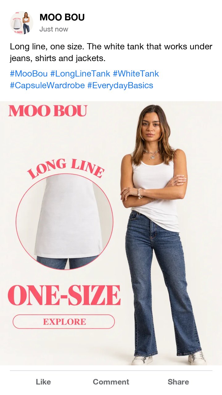 The MOO BOU long line tank ad as a Facebook post, with five hashtags from the brand to capsule wardrobe