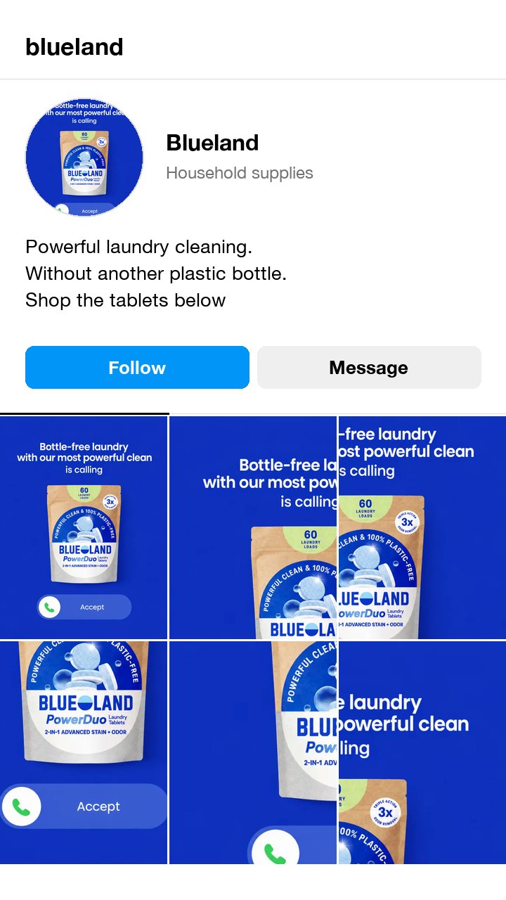 The Blueland laundry tablet ad as an Instagram profile, with a bio about laundry cleaning without another plastic bottle