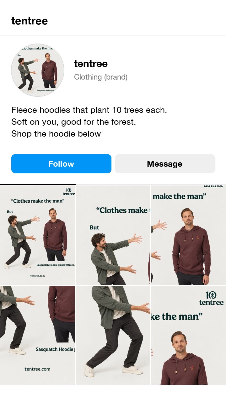 The tentree fleece hoodie ad as an Instagram profile, with a bio that leads on the 10 trees each hoodie plants