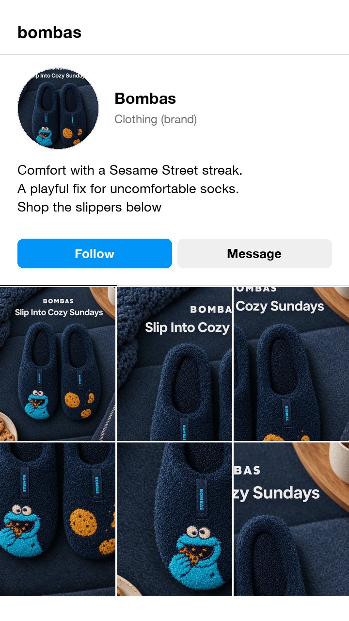 The Bombas Cookie Monster slippers ad as an Instagram profile, with a three line bio built on the ad line about a playful fix for uncomfortable socks