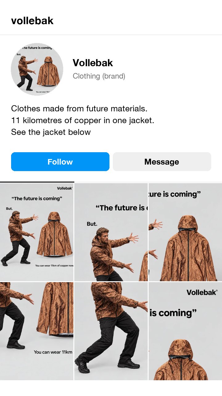The Vollebak copper jacket ad as an Instagram profile, with a bio that names the 11 kilometres of copper in one jacket