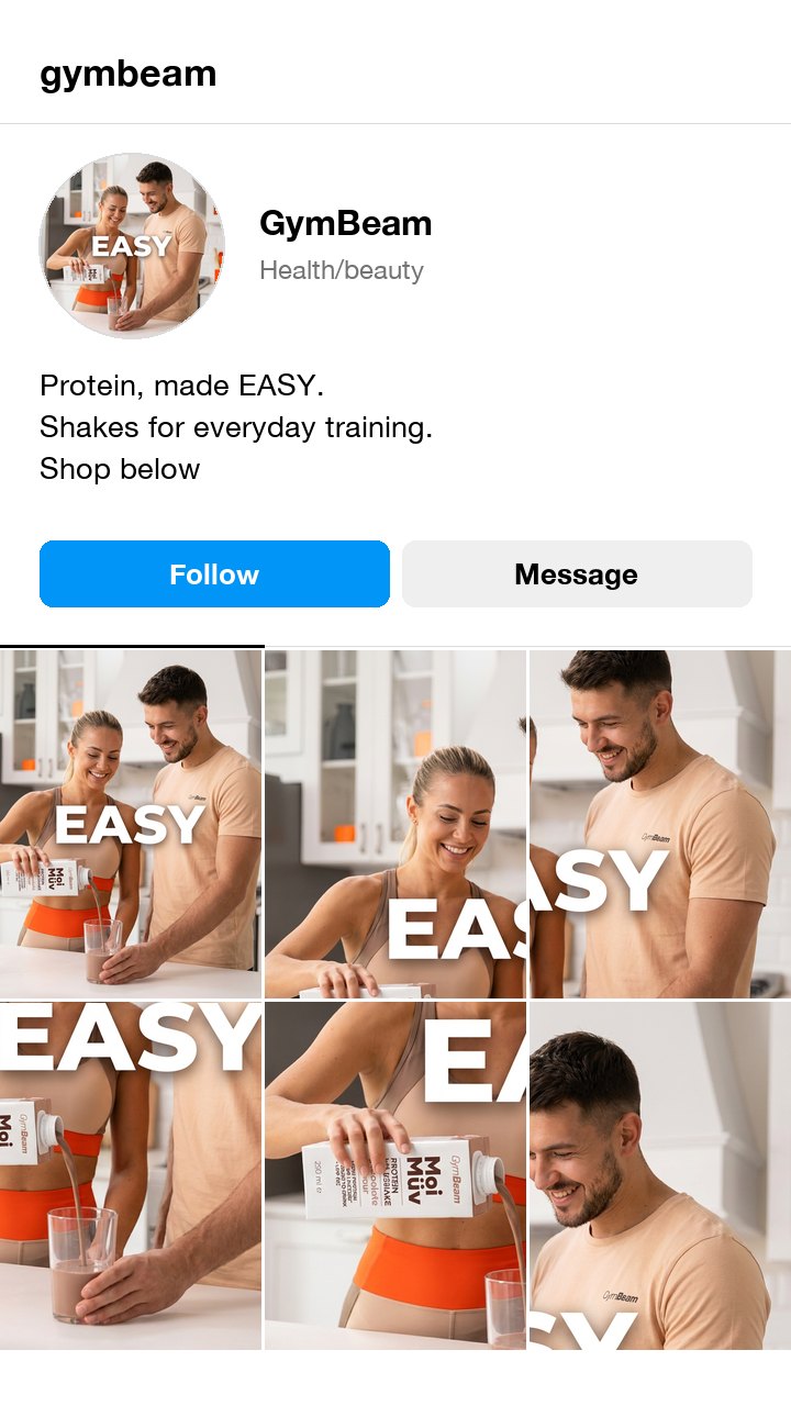 The GymBeam protein shake ad as an Instagram profile, with a short bio built on the one word on the ad, EASY