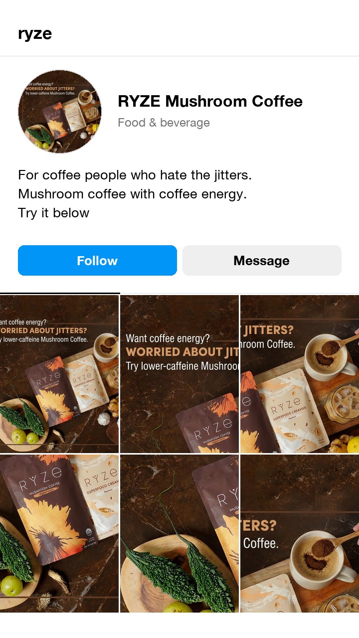 The RYZE mushroom coffee ad as an Instagram profile, with a bio that opens on the people it is for: coffee drinkers who hate the jitters