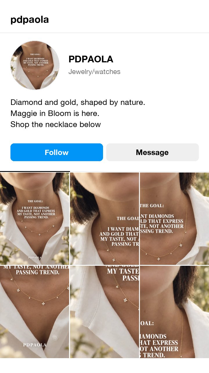 The PDPAOLA Maggie in Bloom necklace ad as an Instagram profile, with a bio built on the ad line diamond and gold, shaped by nature