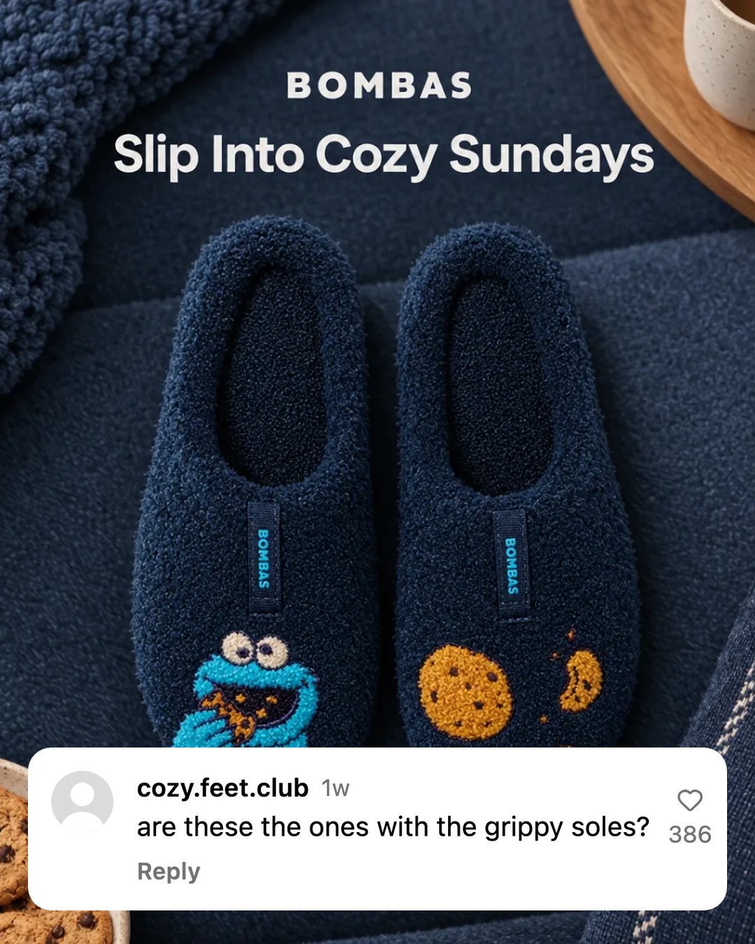A Bombas slippers feed ad in 4:5 with a light Instagram comment row asking if these are the slippers with the grippy soles